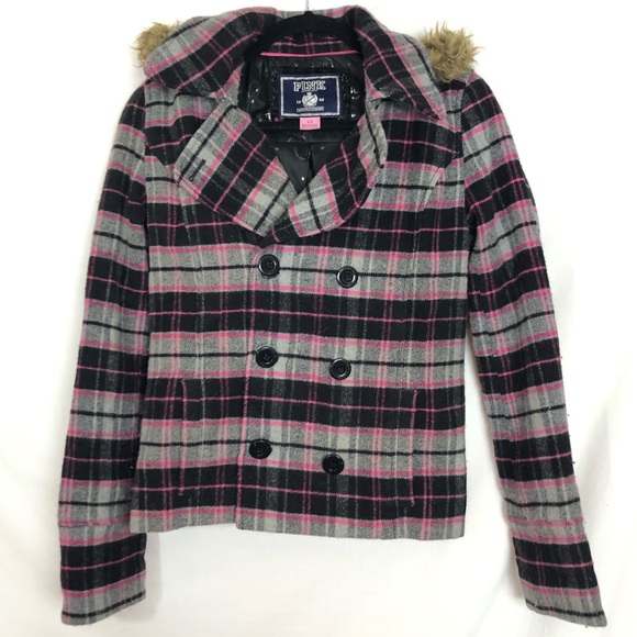 PINK Victoria's Secret Jackets & Blazers - Victoria's Secret Pink Plaid jacket Coat detachable fur hood